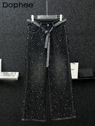 Men's 2024 Autumn High-end Fashion Wide-leg Trousers Loose Straight Pants Full Body Hot Diamond Trousers Black Hot Diamond Jeans