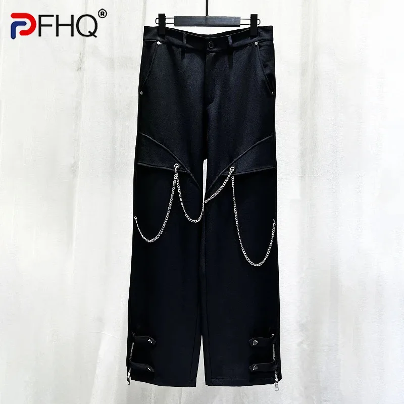 

PFHQ Personalized Chain Male Safari Style Pants Trendy Loose Straight Solid Color Advanced Zippers Men's Summer Trousers 21Z4944