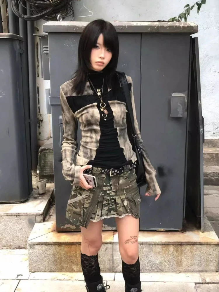 2000s Aesthetic Vintage Tops Y2k Clothing Fall Winter Women Korean Fashion Subculture T-Shirts Gothic Girl Tees Faux Fur Design