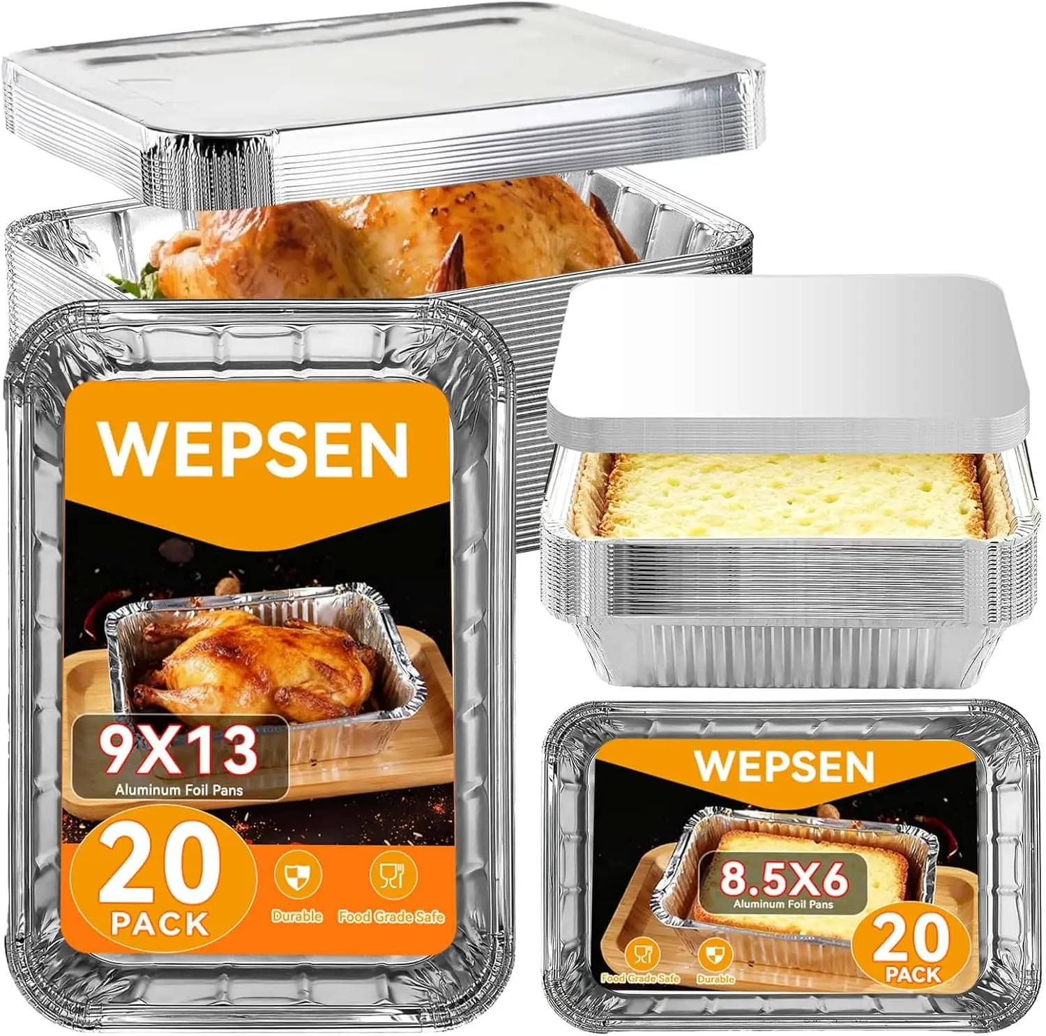 

40 Pack Pans with Lids,20 Large 9x13' Pans Disposable (10 Heavy Duty Lids) & 20 Medium 8.5x6' Foil