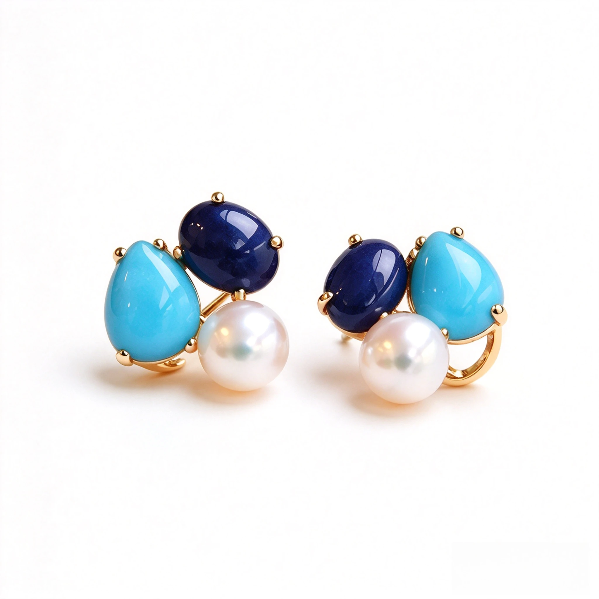 Natural Afghan Old Mine Lapis Lazuli Turquoise And Pearl Stud Earrings 925 Sterling Silver Vintage Daily Fine Jewelry For Women