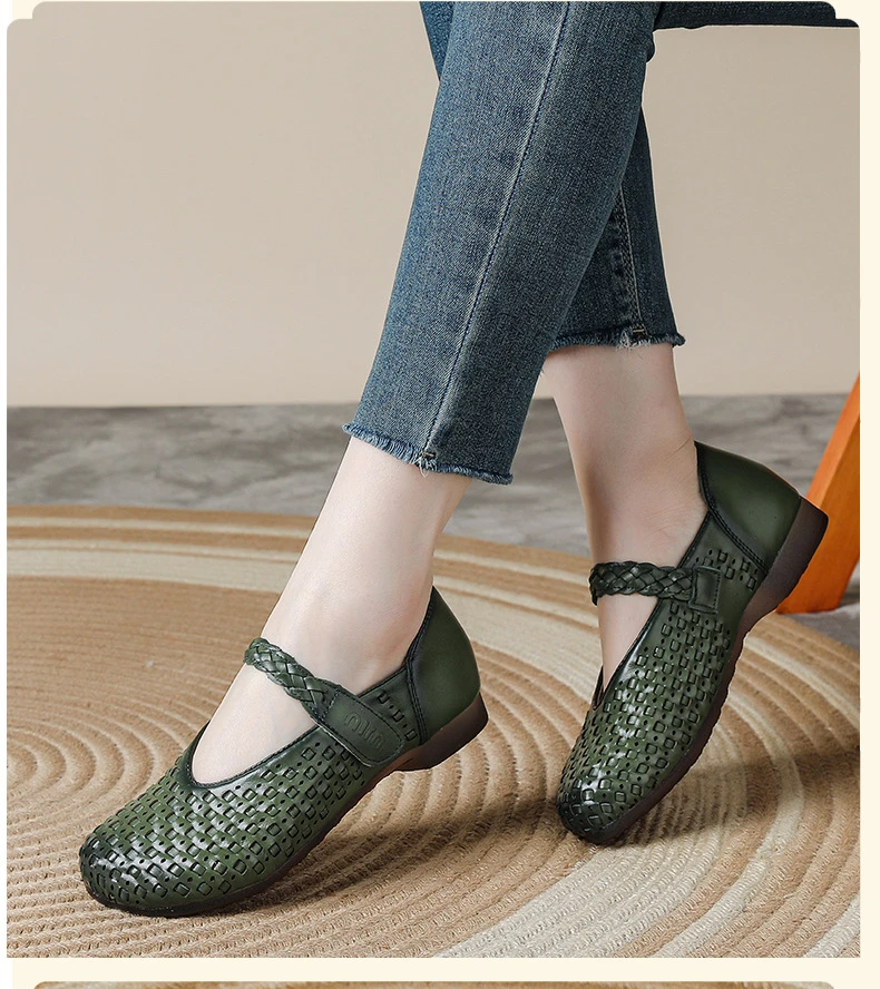 Retro-Kunst-Ästhetik Echtleder Mary Jane Flats Damen Premium Rindsleder Geflochtene Schuhe Elegante Mokassins Vintage-Schuhe – Detail 6