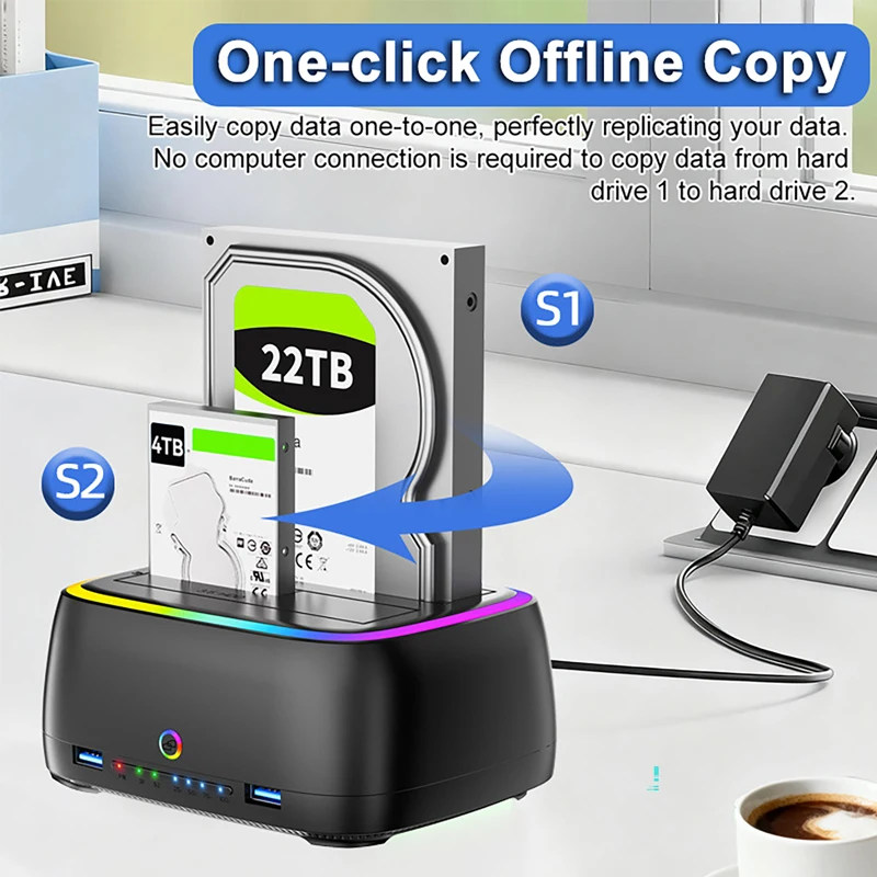 7 IN 1 Dual-bay Hard Drive Station HD Enclosure USB3.0 5Gbps SATA HDD Docking Station for 2.5/3.5" HDD/SSD offline clone