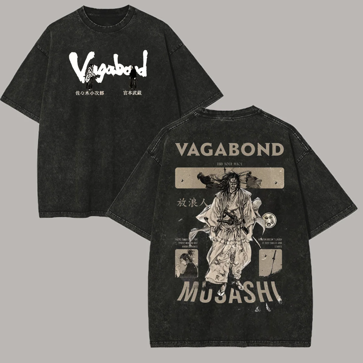 Vagabond Miyamoto Musashi T-shirt Anime Printed Vintage Washed T Shirt Men Clothing Summer Oversized Pure Cotton Tees Tops