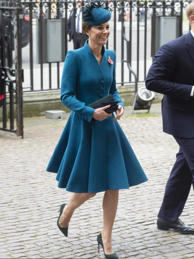 Princess Kate Middleton New Ladies Autumn Luxury Fashion Chic High Quality Slim Vintage Casual Party Office Coat Blue Midi Dress