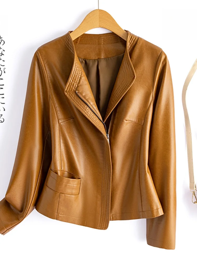 Giacca da motociclista in vera pelle da donna, cappotto in pelle di pecora, nuovo modello primavera autunno, slim fit, manica lunga, con cerniera, ideale per il pendolarismo.