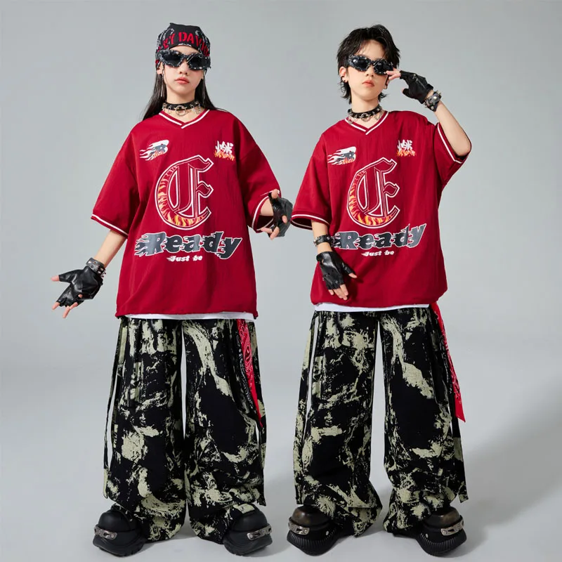 

Красная футболка в стиле хип-хоп для мальчиков, брюки-карго для девочек, комплекты одежды для уличных танцев K-pop, детский джазовый костюм, детская уличная одежда для современных танцев