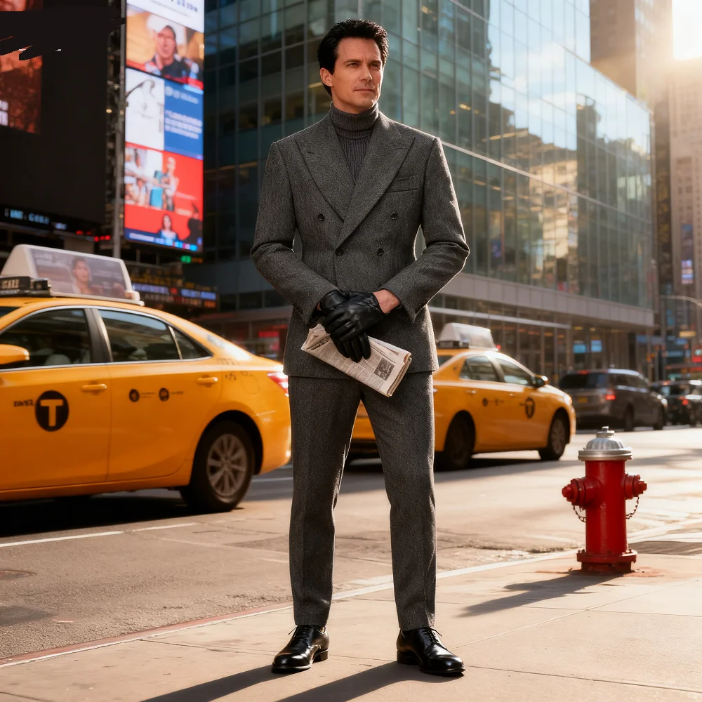 メンズ スタンダード タキシード ホース スパイン ジャケット ダブルブレスト グレー ブラウン ウール カジュアル 新郎用 ブリティッシュ スタイル スモーキング スーツ 2ピース