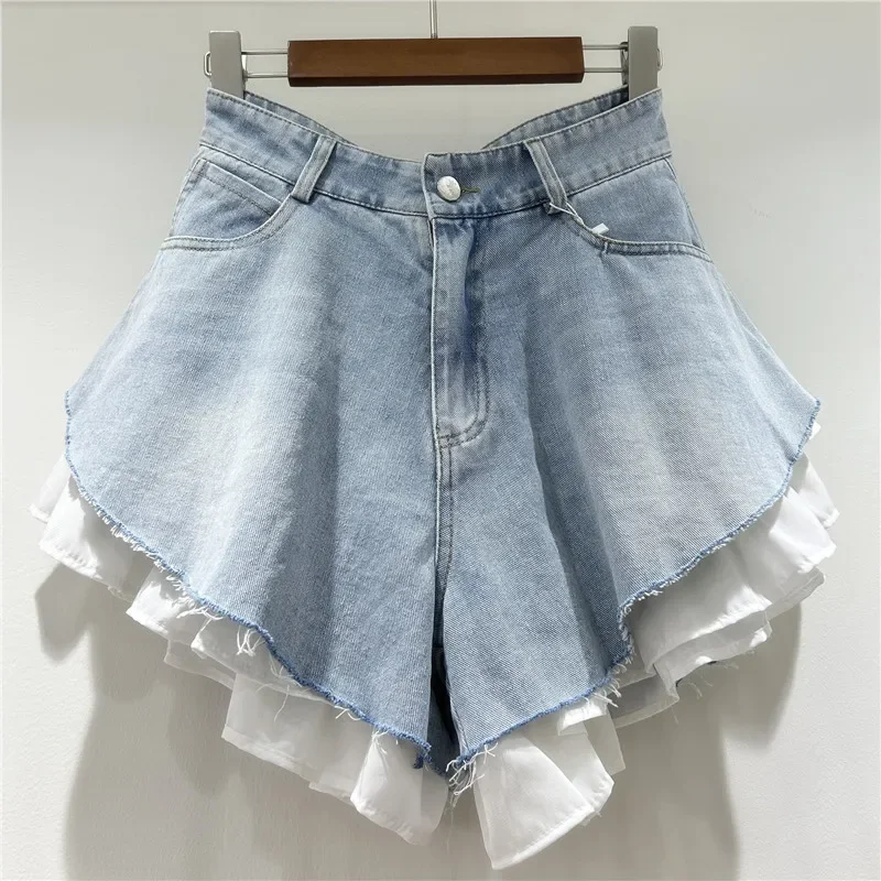 

Shorts Denim Washed Women Jean Ripped Jeans Solid High Waist Spliced Distressed Casual Pockets Summer Zipper Fly 2025 Loose