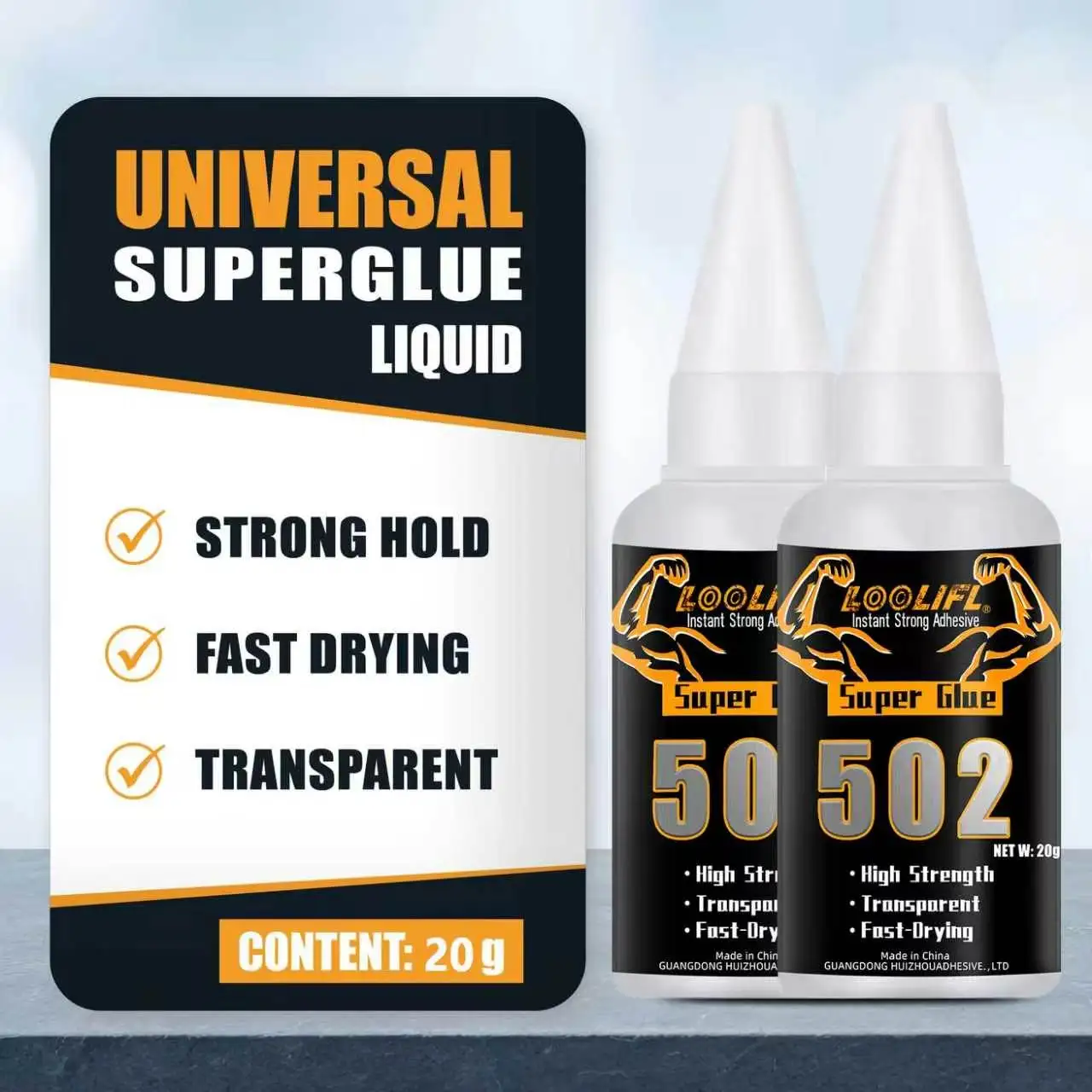 LOOLIFL-502 super glue, a multi-functional, strong, fast-drying adhesive suitable for various materials such as footwear, ceramics, plastics, wood, and metal. It is transparent and waterproof, used as welding glue, craft glue, rhinestone glue, woodworking glue, shoe glue, metal glue, leather glue, PVC glue, ceramic glue, and is ideal for art sewing supplies and handmade tools. Comes with a dropper for precise dispensing view 3