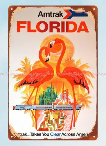 Florida  World AMTRAK travel poster metal tin sign old garage