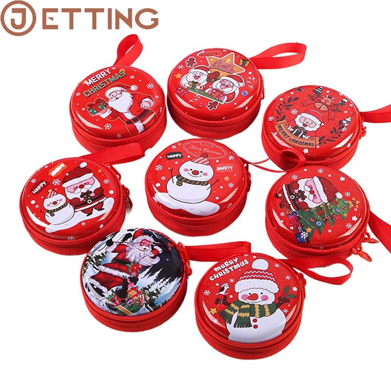 Random 1Pc Christmas Pattern Tinplate Coin Purse Round Square Candy Earphone Change Coin Storage Bag Pendant Headphone Organizer