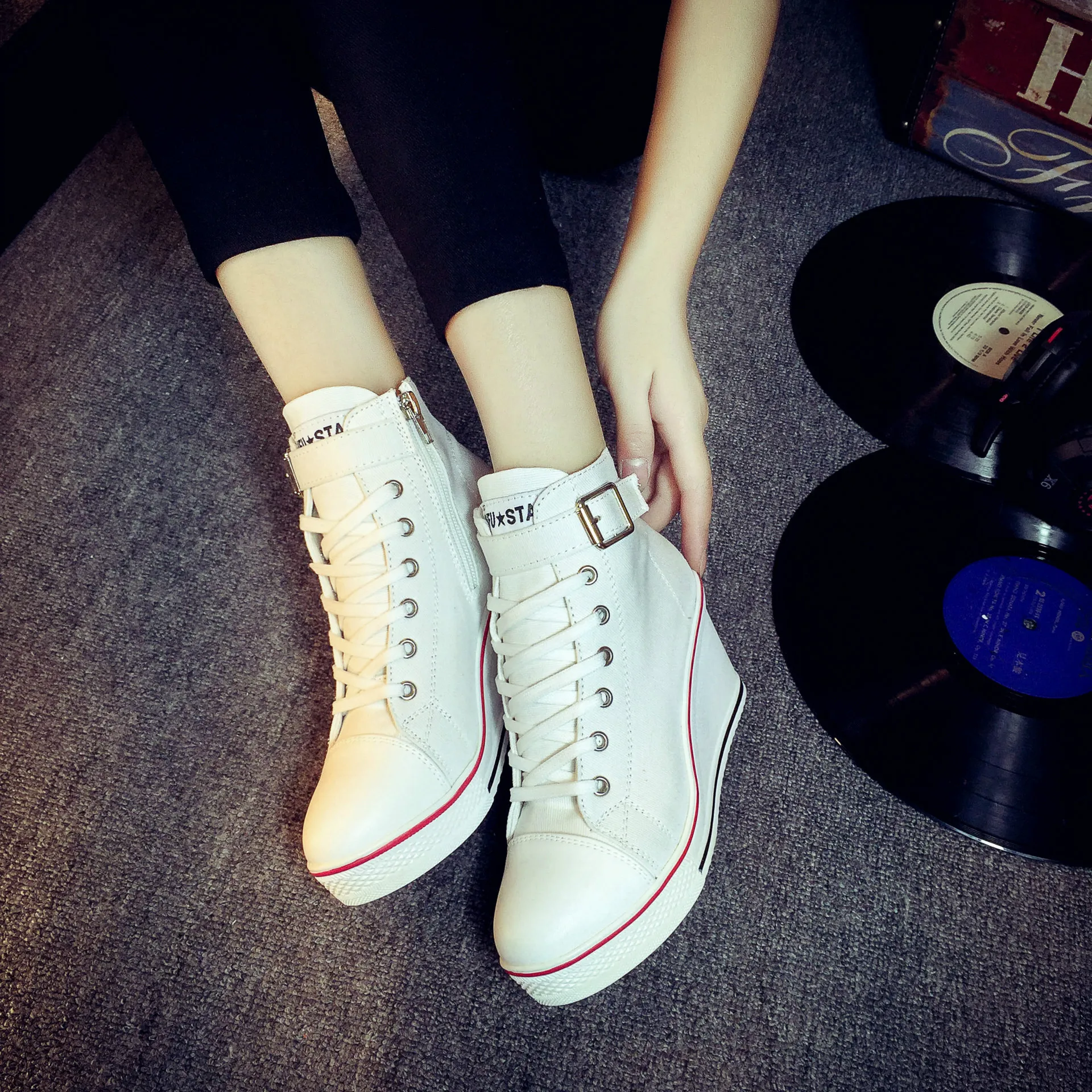 Top Quality Women Canvas Wedges Shoes High Top Pumps Casual Shoes Female Height Increasing Platform Women Canvas Shoes