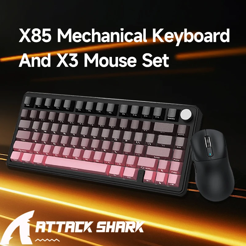 The mouse and keyboard package includes an attack shark mouse X3 and a mechanical keyboard X85, with Bluetooth dual-mode connect