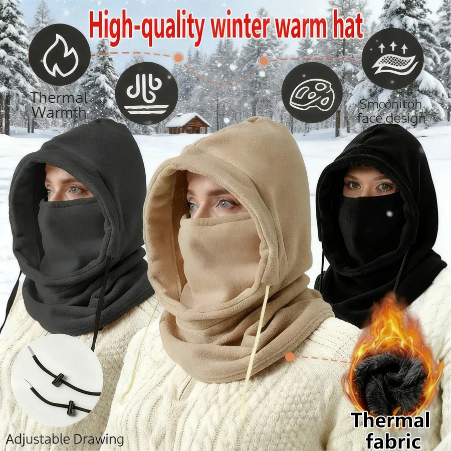 

Unisex Winter Balaclava Knit Hood - Windproof Mask with Drawstring, Motorcycle Riding Headgea Warm Knitted Cap Cold Weather