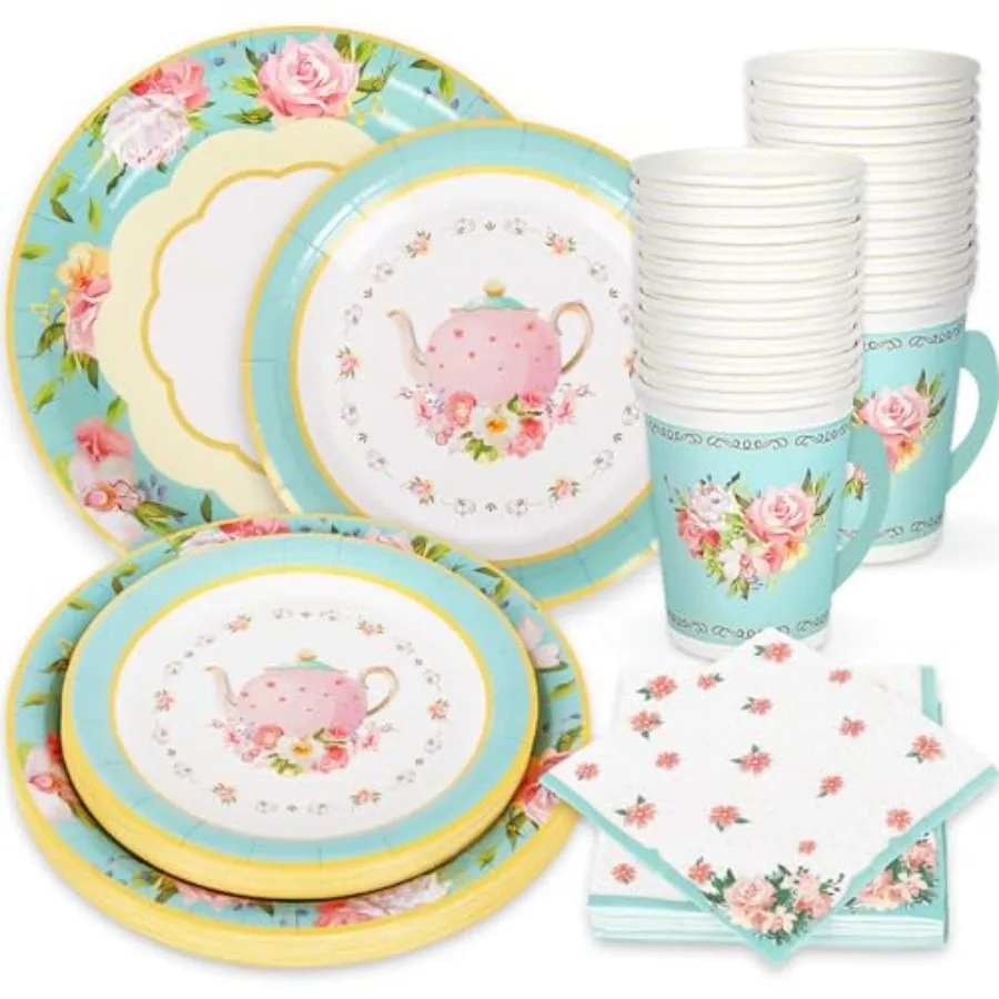 

Tea Party Tableware plies Serves 24 Floral Tea Party Disposable Paper Dinnerware 24 9" Plates 24 7" Saucer Plate 24 9oz Tea Cup