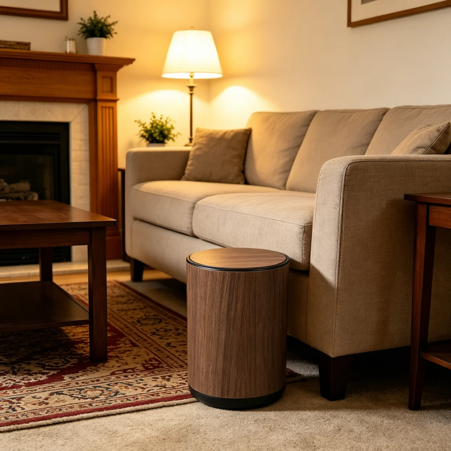 Mid‑Century Wood‑Grain Flip‑Lid Waste Receptacle, Decorative Cylindrical Trash Holder with Removable Inner Bucket for Living Room Home Office