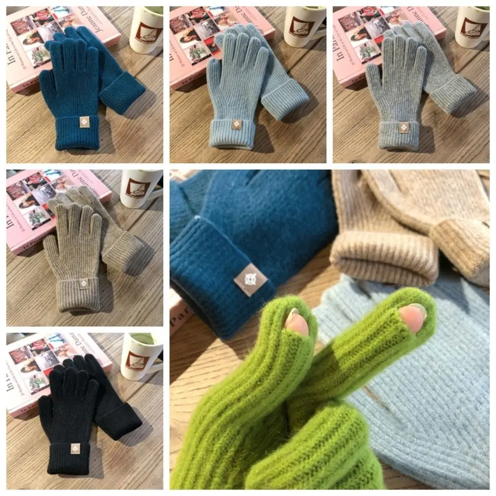 

1 пара шерстяных вязаных перчаток с сенсорным экраном в корейском стиле, варежки с длинными пальцами, ветрозащитные перчатки с пятью пальцами для езды на велосипеде
