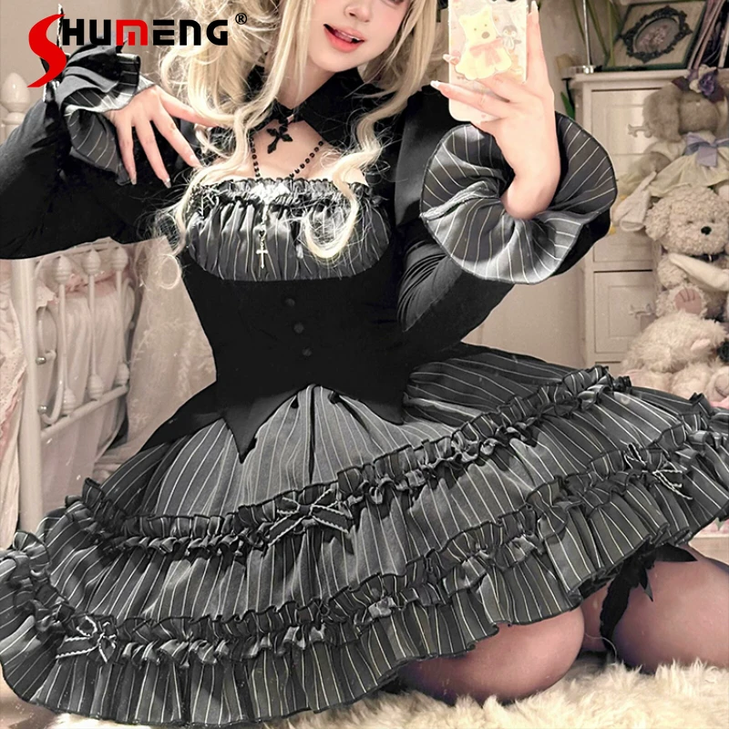 

Japanese Lolita Original Unique Design Long Sleeves Op Dark Black Style Halloween Goth Rojita Cool Slim Fit Vestidos De Mujer