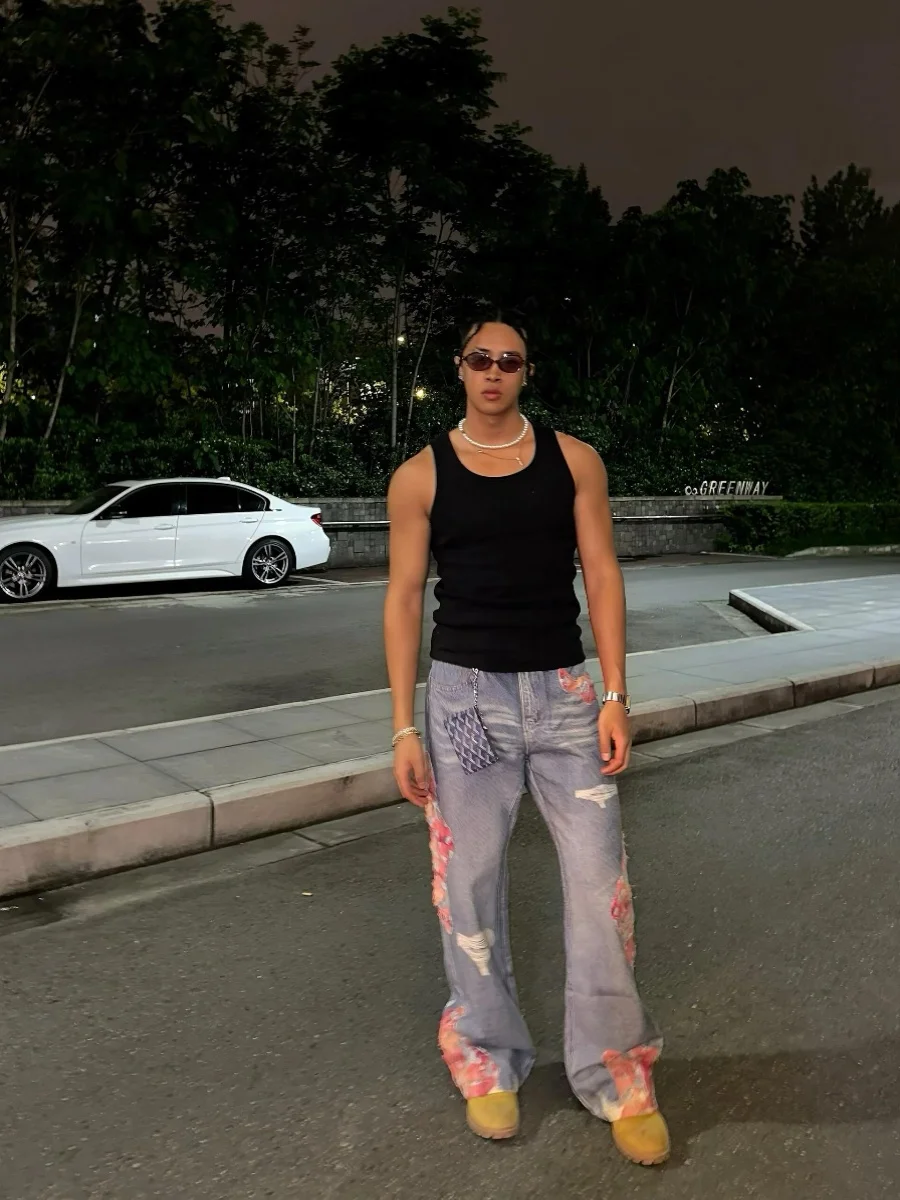 Red Stier Hole Denim Jeans Men's American High Street Vibe Pants Spring Autumn Loose Casual Straight Leg Micro Flared Pants