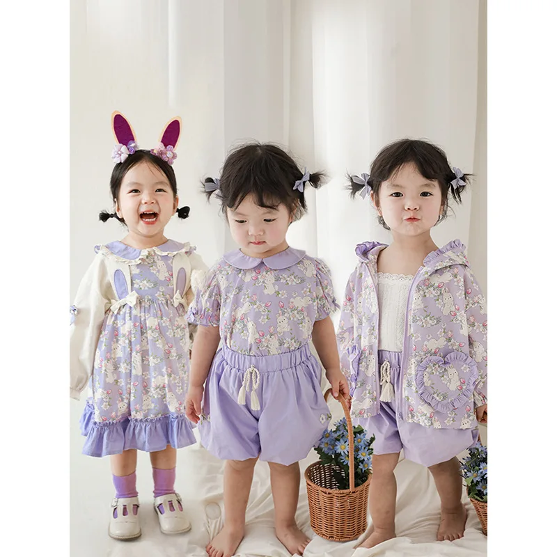 Girls\' Purple Rabbit Series Suit Spring Shirt Children\'s Fresh Coat Top Baby Skirt Shorts