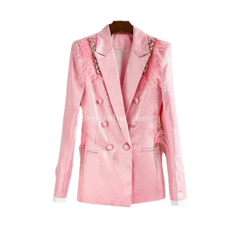 

Women Luxury Party Jackets Lady Blazers Baby Pink Sparking Sequineds Feather Patchwork Fancy