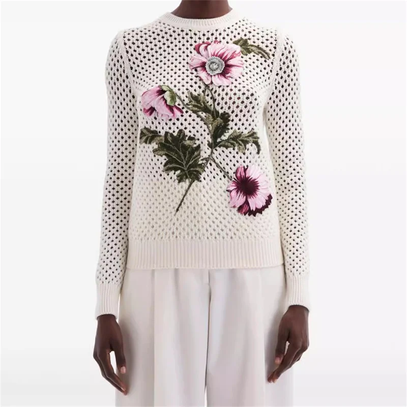 Women's sweater 2024 autumn New elastic knitted hollow out long sleeved top Flower embroidered pullover Cashmere blend knitwear