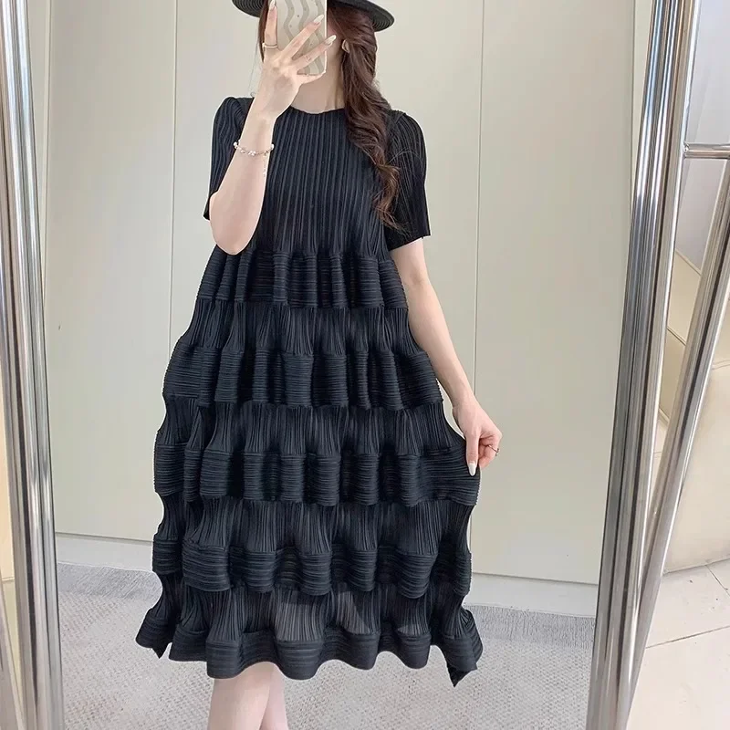 Miyake Pleated Dress for Women's 2024 Summer New Sweet and High End Style Cake Mid Length Dress for Children