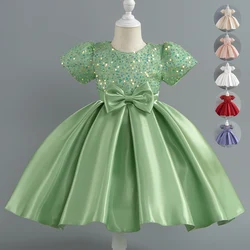Sequin Birthday Party Dress For Baby Girls Short Sleeve Elegant Tulle Princess Dress Red Green Christmas Dress For Kids New Year