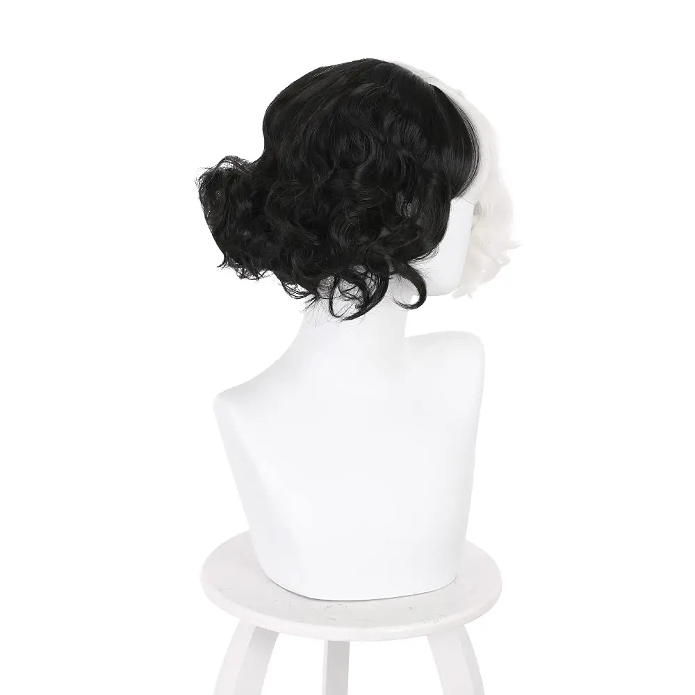 Cruella deVil Cosplay Perruque de Costume, Cheveux Synthétiques Noir et Blanc, Degré de Chaleur, Plis, Jeu, Halloween, ixde Noël