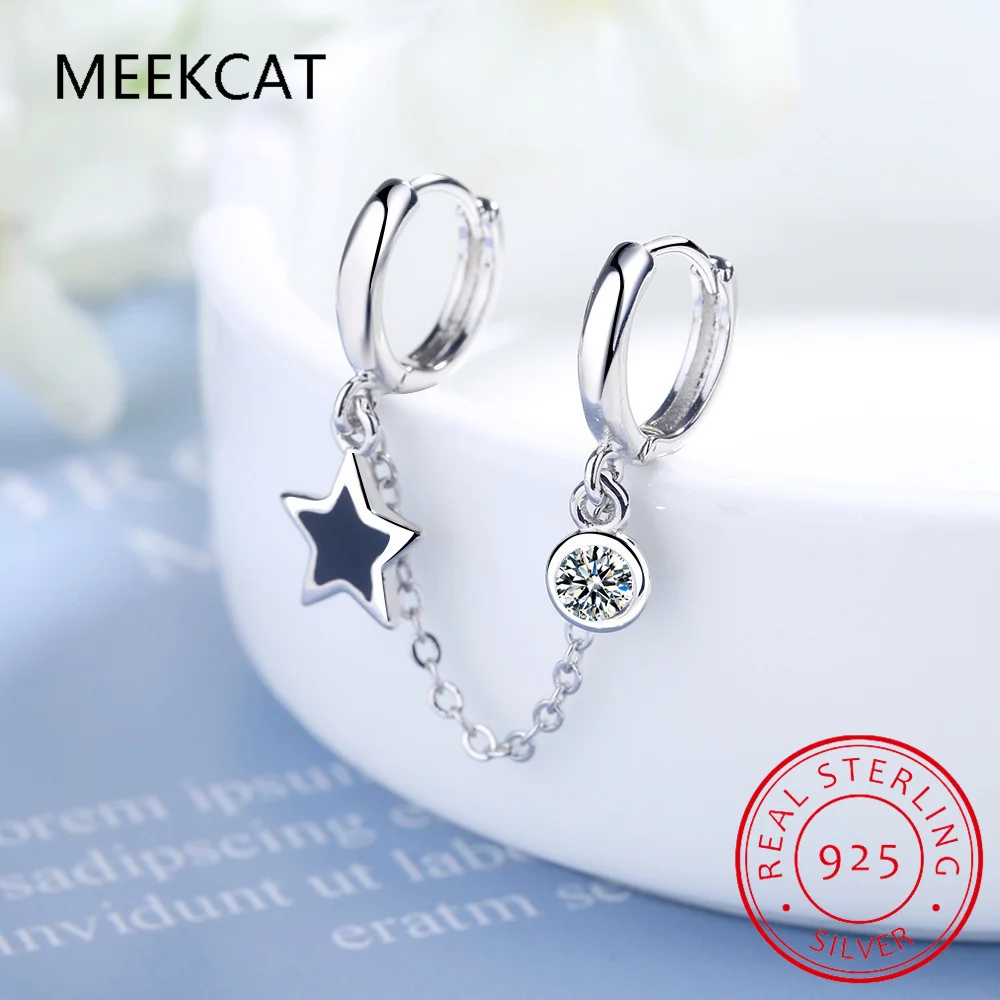 Pendientes de Aro de Plata 925 con Zirconia, Diseño de Estrella Esmaltada Negra y Cadena con Borlas, para Dos Orificios en la Oreja, Tipo Huggies para Piercing Helix