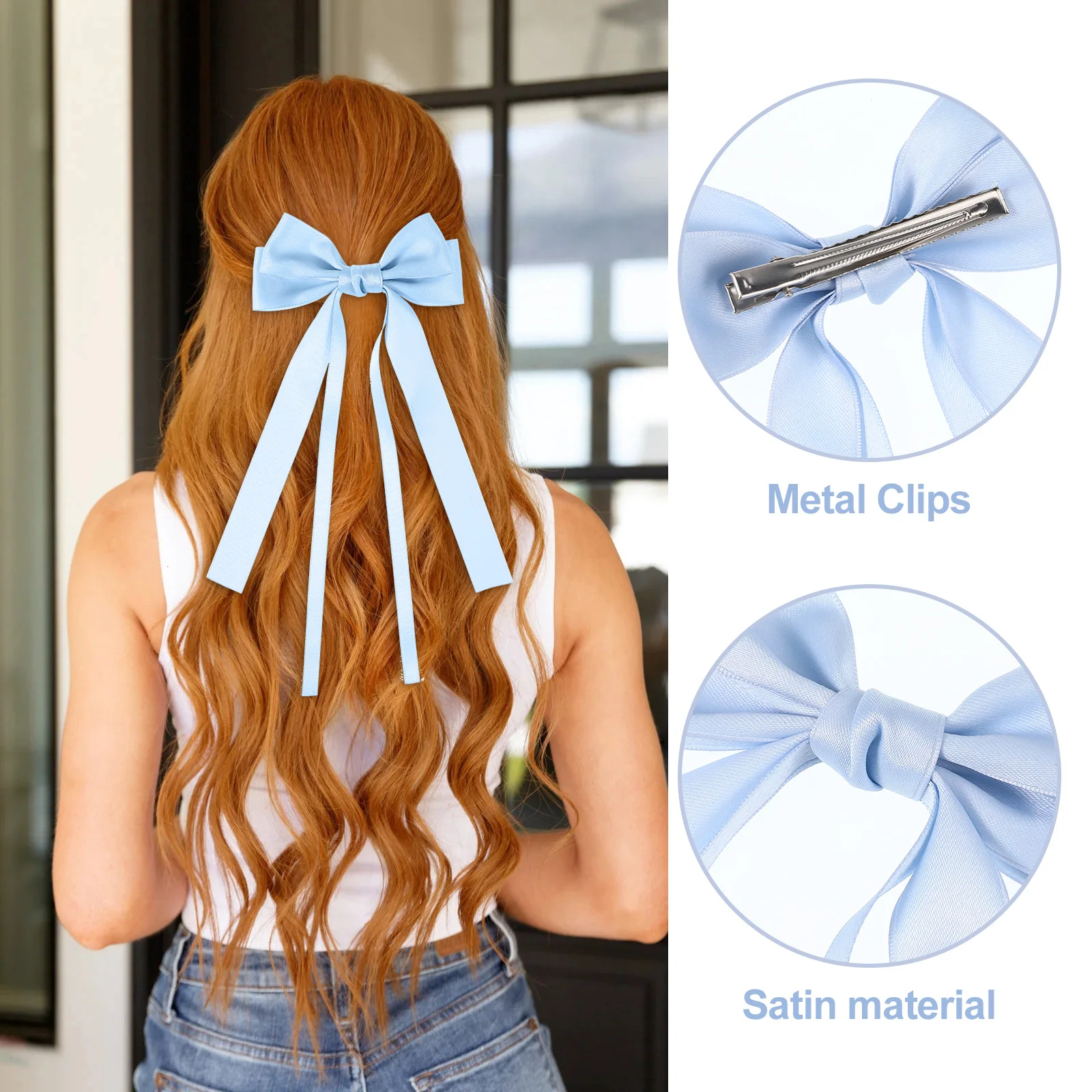 

6 pcs Bow Clips Colorful Accessories Soft Long Hair Bows For Women Girls Ribbon Clips Fine Hair Elegant Decoration Gift For