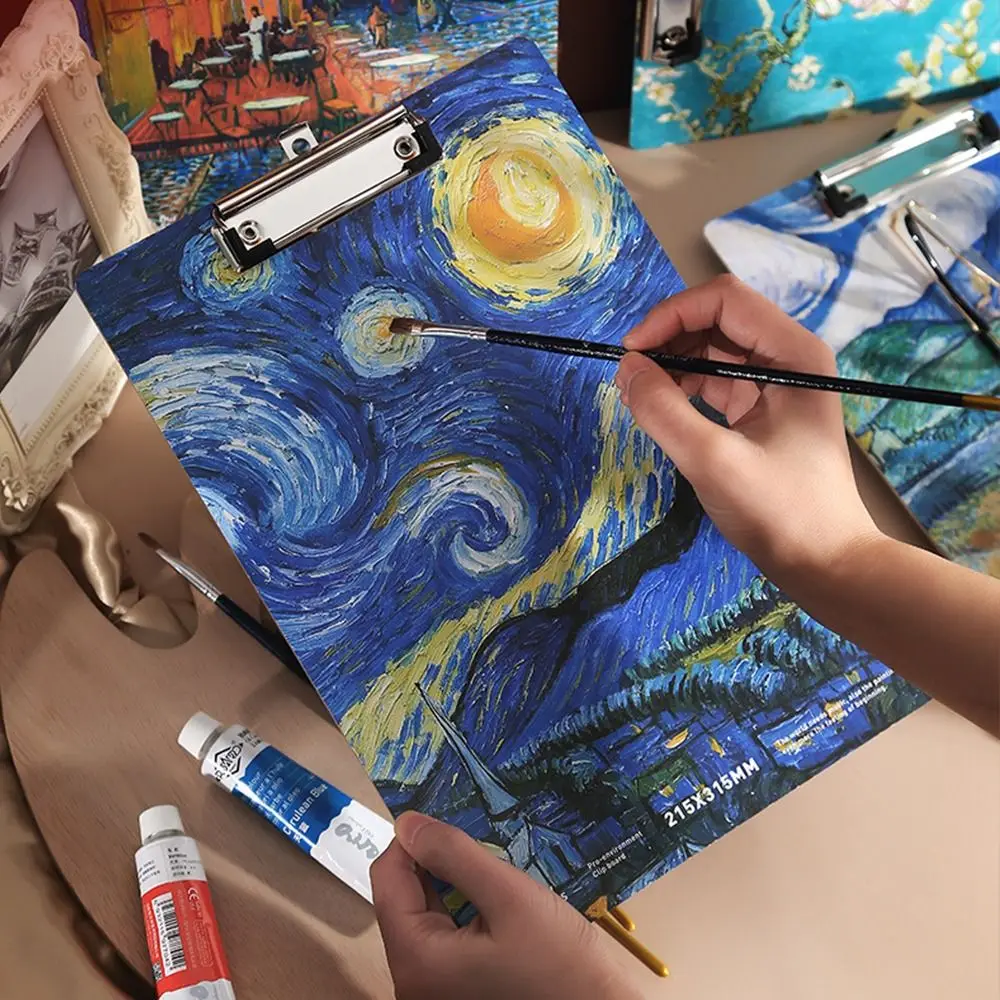 With Low Profile Gold Clip A4 File Folder Writing Sheet Pad Van Gogh Oil Painting Paper Organizer Writing Pad Writing Tablet