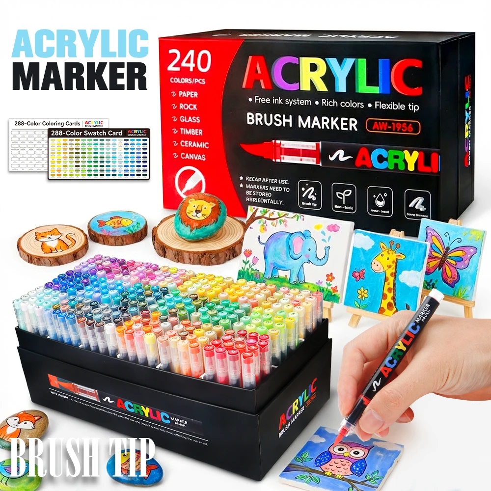240/288 Colors Acrylic Brush Marker Pen Set Free‑ink Soft Tip Waterproof Paint Markers for Stone Timber Ceramic Glass Canvas DIY Art Craft Graffiti Drawing