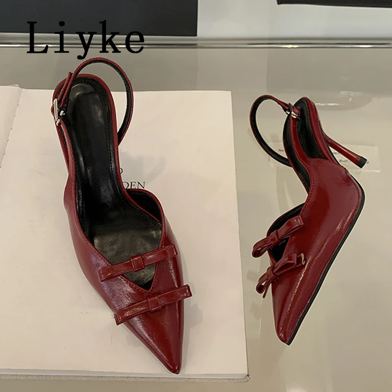 Liyke Red Bows Stilettos Slingbacks Sandal Pumps Women Cozy Leather Pointed Toe High Heels Party Prom Shoes Female Zapatos Mujer