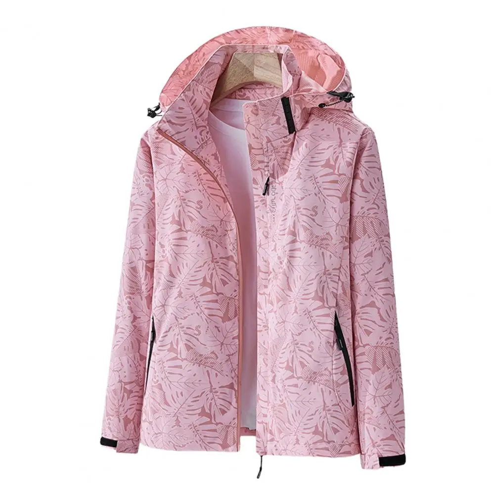 Climbing Windbreaker Stylish Leaf Print Women's Outdoor Windbreaker Waterproof Breathable Hooded Jacket with Zipper for Fall