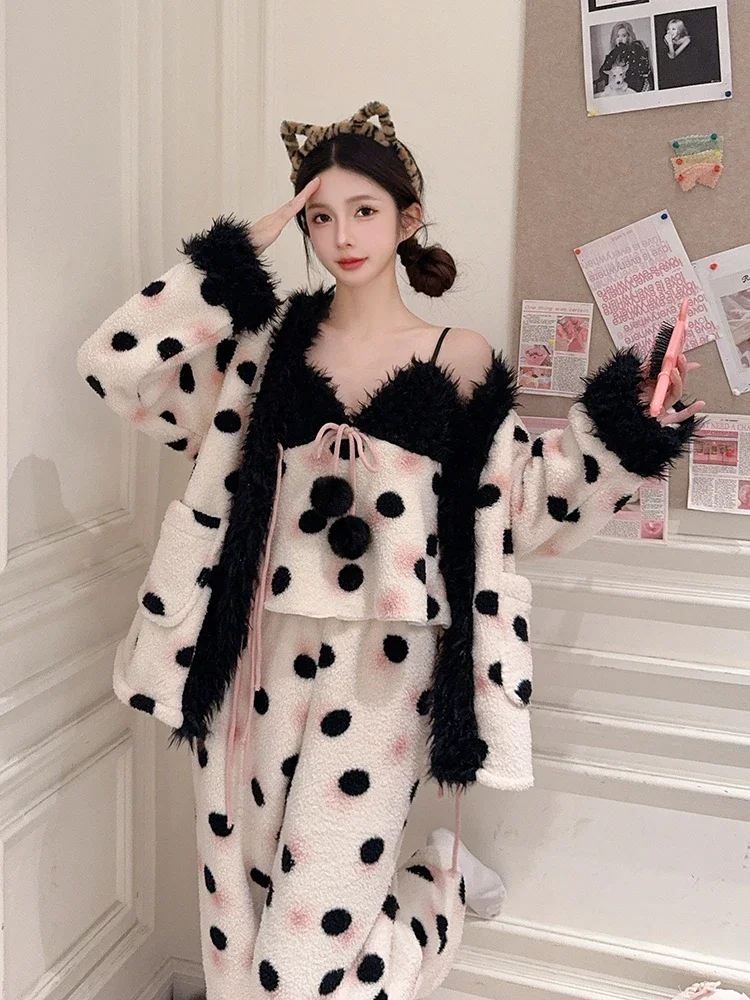 Coral Fleece Pajamas Women Three Piece Sets Polka Dot Plush Lace Up V Neck Cardigan + Camisole + Pants Warm Sleepwear