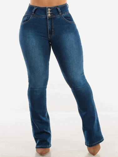 Imagen 2 del producto Apertura de cremallera abotonada, pantalones vaqueros mini acampanados elegantes y sexys, adelgazantes, de cintura alta, azules, lavables, que mejoran las nalgas