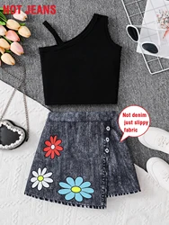 Summer cute girl Fashion simple outfit sleeveless vest + Daisy print imitation denim skirt kids casual vacation 2-piece set