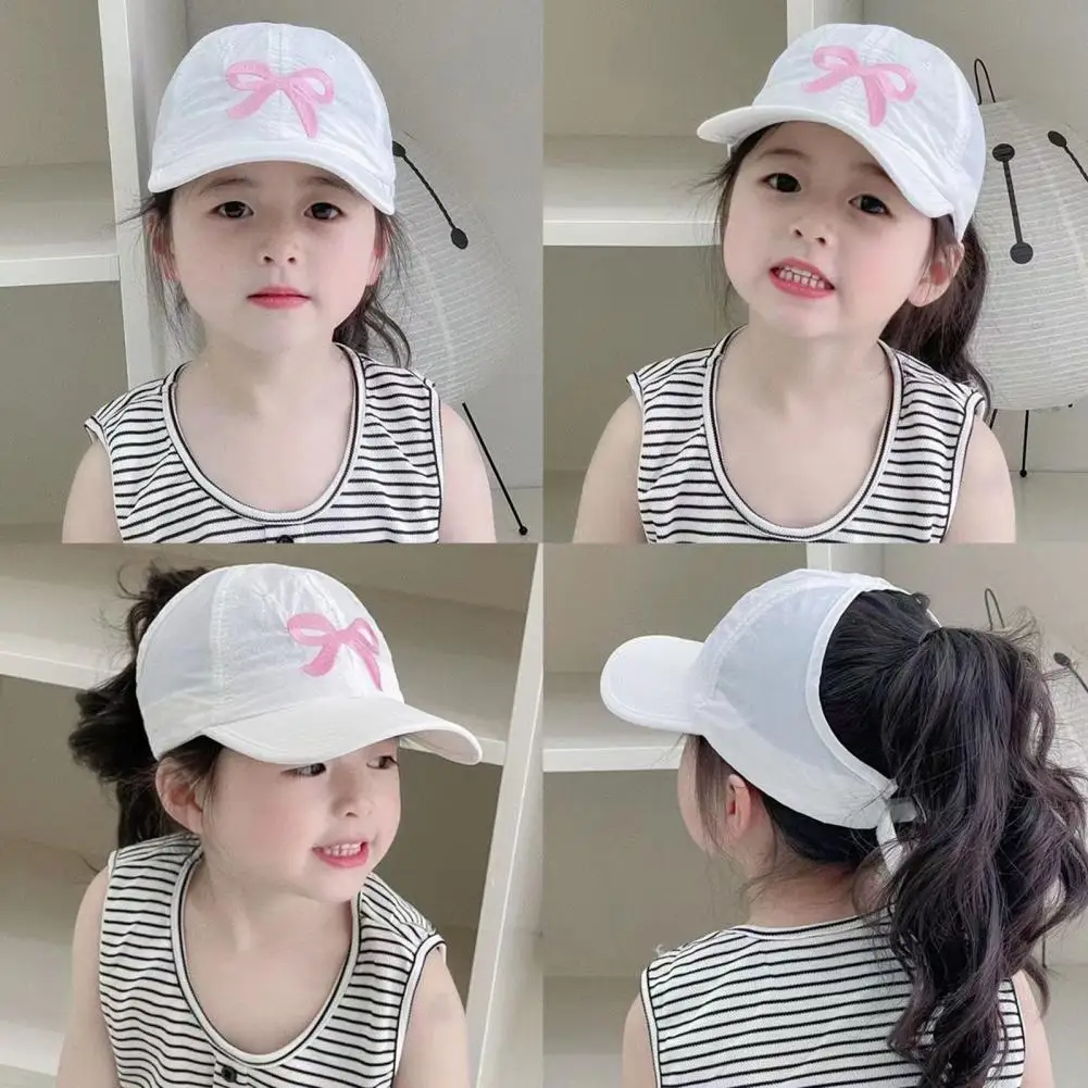 Children Baseball Hat Solid Color Baby Hat Girls' Anti-uv Baseball Hat with Bow Embroidery Ponytail Hole for Outdoor Activities