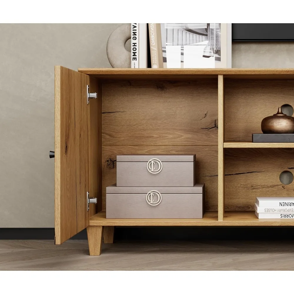 Suporte de TV para TV de mais de 75 polegadas, centro de entretenimento de madeira moderno de meados do século de 70 polegadas com porta, mesa de console de mídia ampla