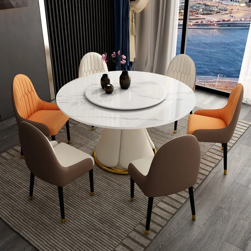 Imported rock plate dining table chair combined rotary telescopic folding round table