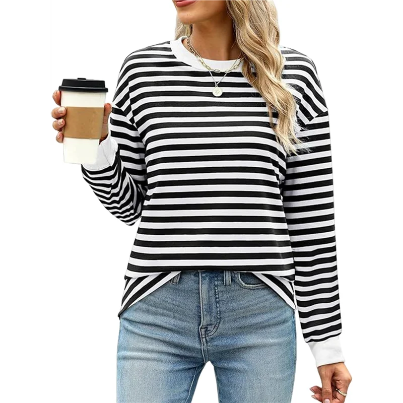 FX-Womens Tunic Tops Long Sleeve Striped Shirts Crewneck Tops