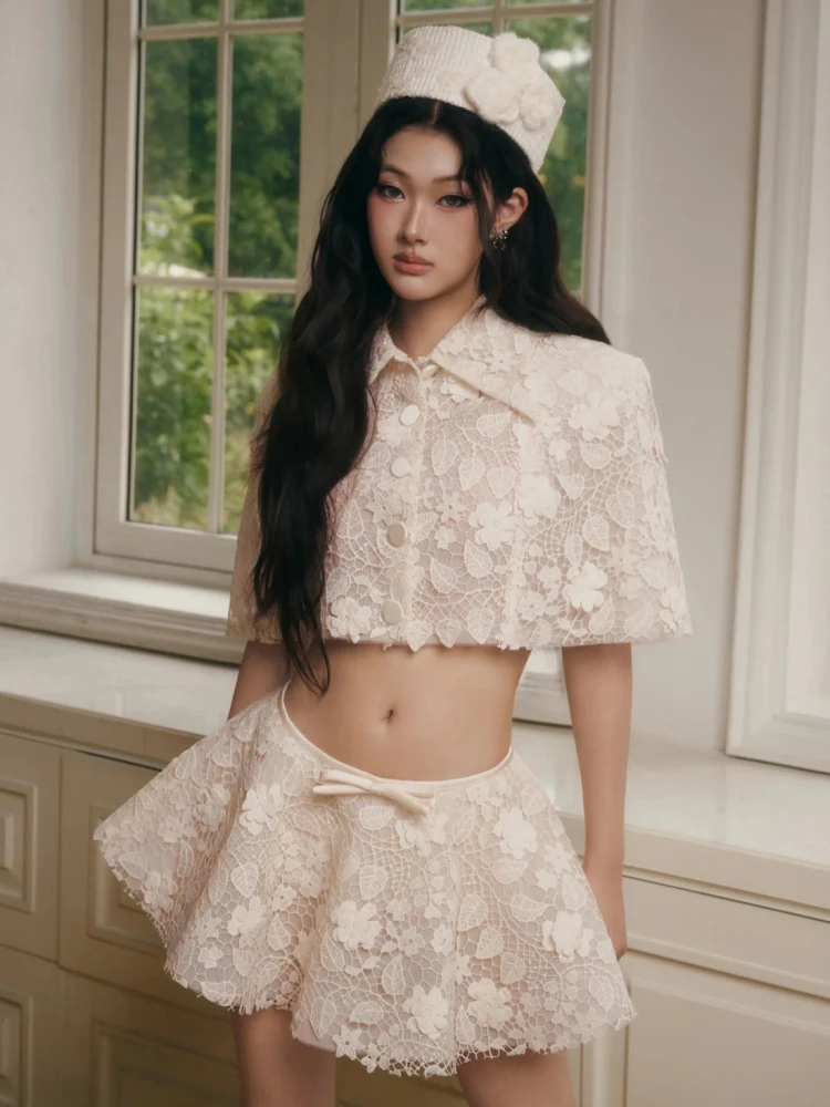 2026 Women Lace Skirt Two Piece Set Sexy Single-breasted Short Top + A-line Mini Bow Skirt Suits Evening Cocktail Set