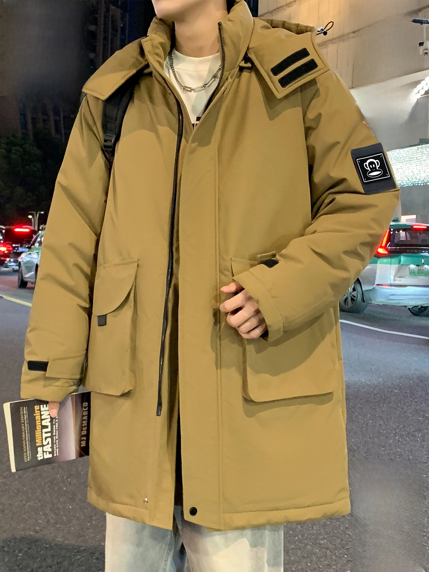 

PaulFrank Winter Long Hooded Cotton Jaet Men's Loose Warm Casual Outerwear Polyester Fiber Long Sve Zipper Closure