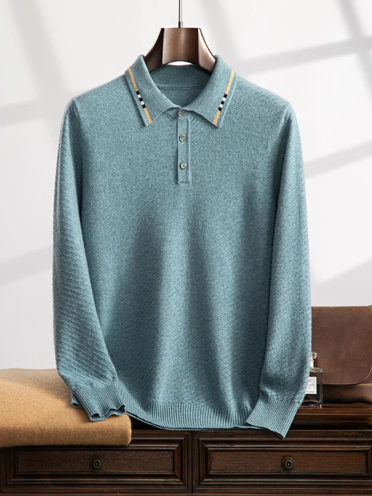 High-end Men Turn-down Neck Pullover 100% Cashmere Sweater Spring Autumn Winter Warm Color Collision Smart Casual Knitwear Tops