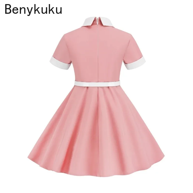 Turn Down Collar Vintage Kids 1950s Swing Dress Button Front Summer Children Short Sleeve Belted Bridesmaid Dresses for Girls