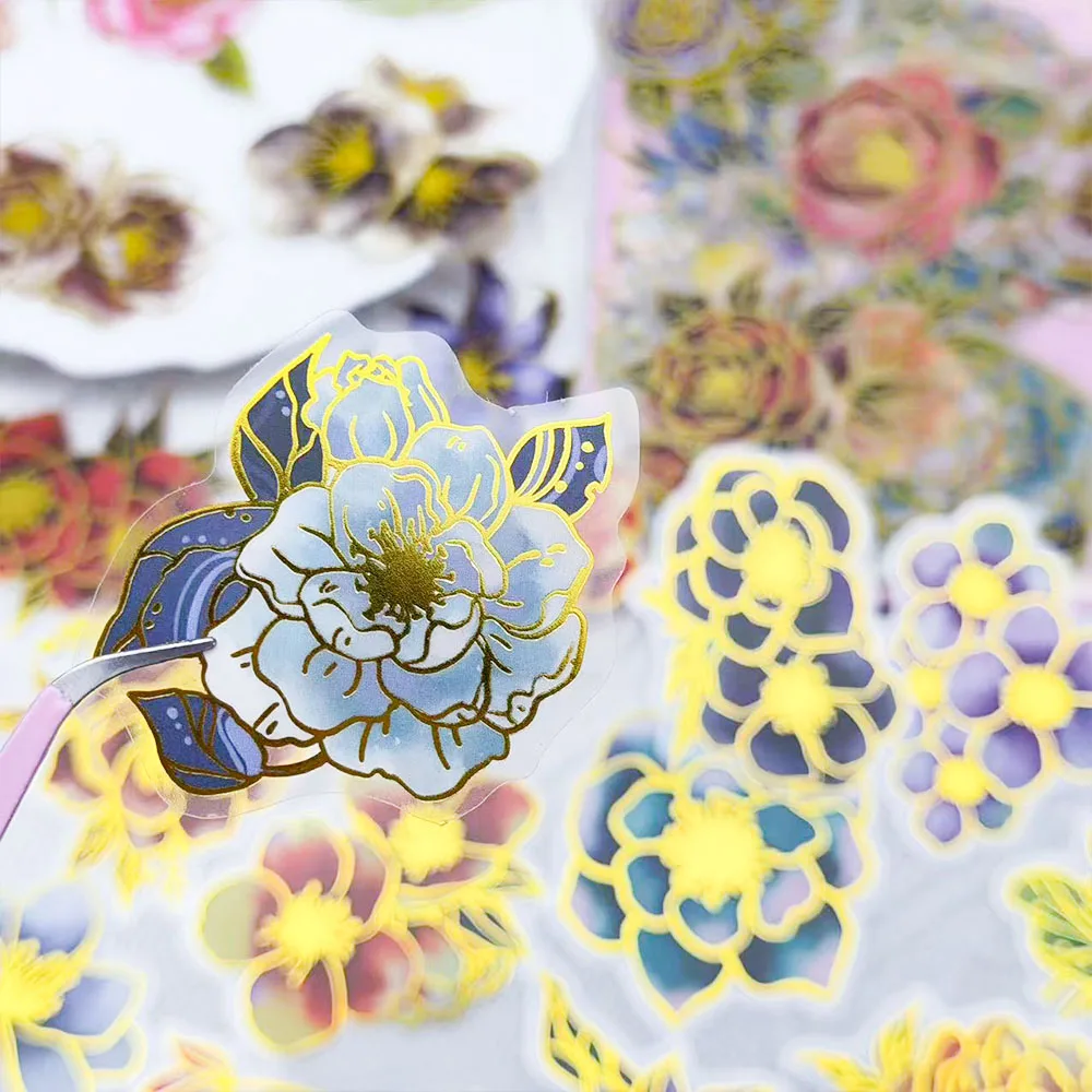 50pcs Elegant Floral Gold Stamping PET Stickers Decals For Phone LaptopScrapbook Luggage Guitar DIY Retro Aesthetic Stickers