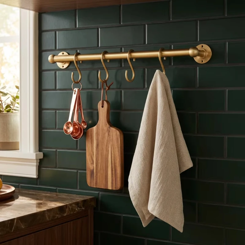 Premium Brushed Gold Kitchen Hook with S-Hook |   Wall Mounted Brass Storage Shelf |   Luxury bathroom towel rail