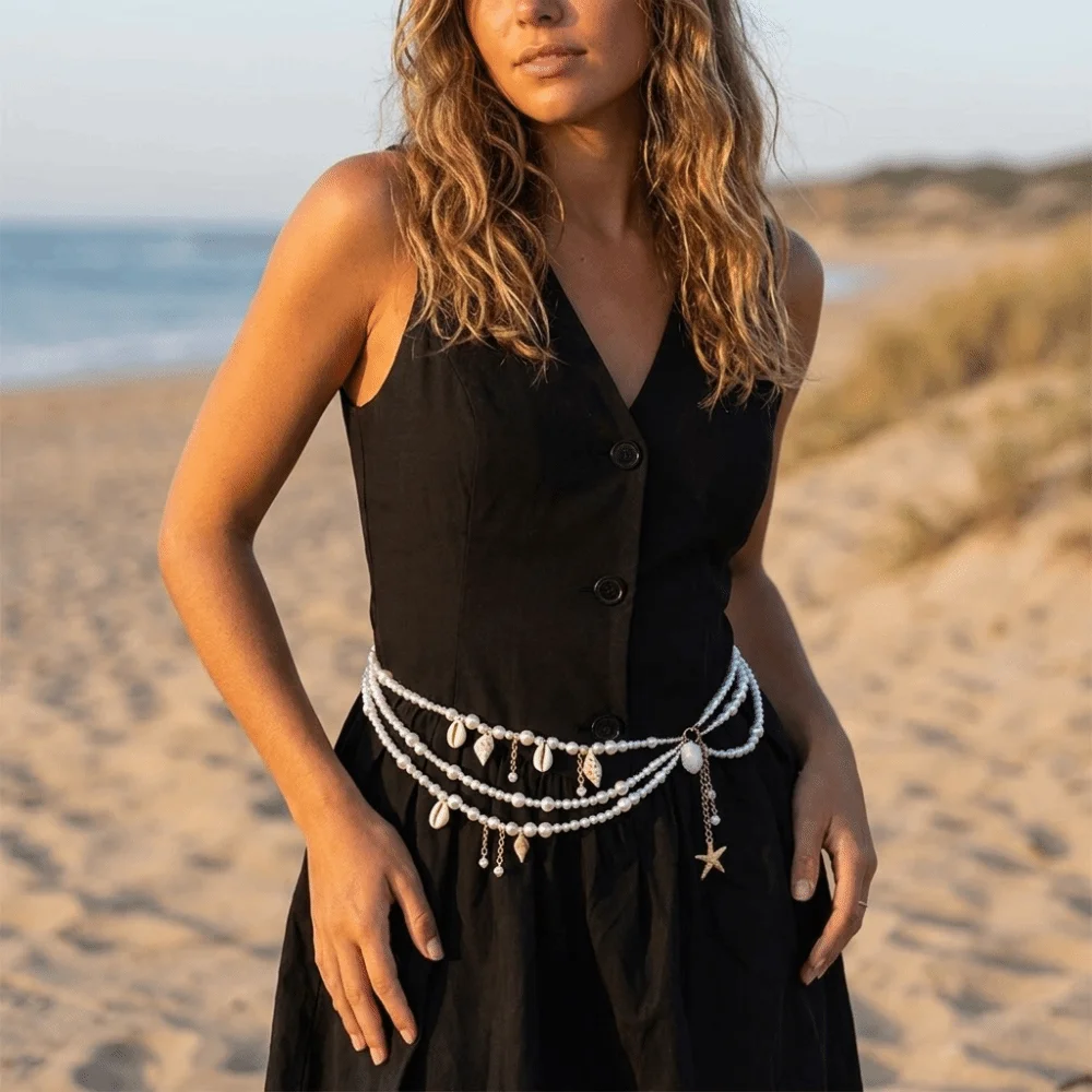 Multilayer Pearl Waist Chain Starfish Shell Pendant Tassel Body Chain Belt Elegant All-match Waist Accessories Beach Vacation